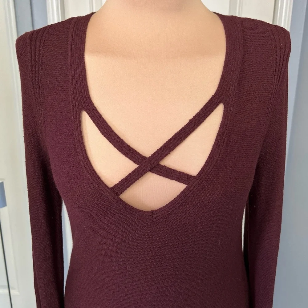 Free People Burgundy Criss‎ Cross Bell Sleeve Tunic Sweater
